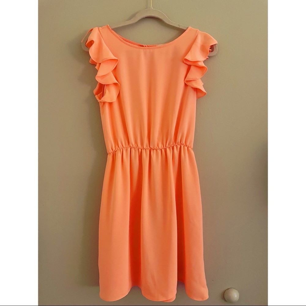 Everly Neon Coral Ruffle Sleeve Dress